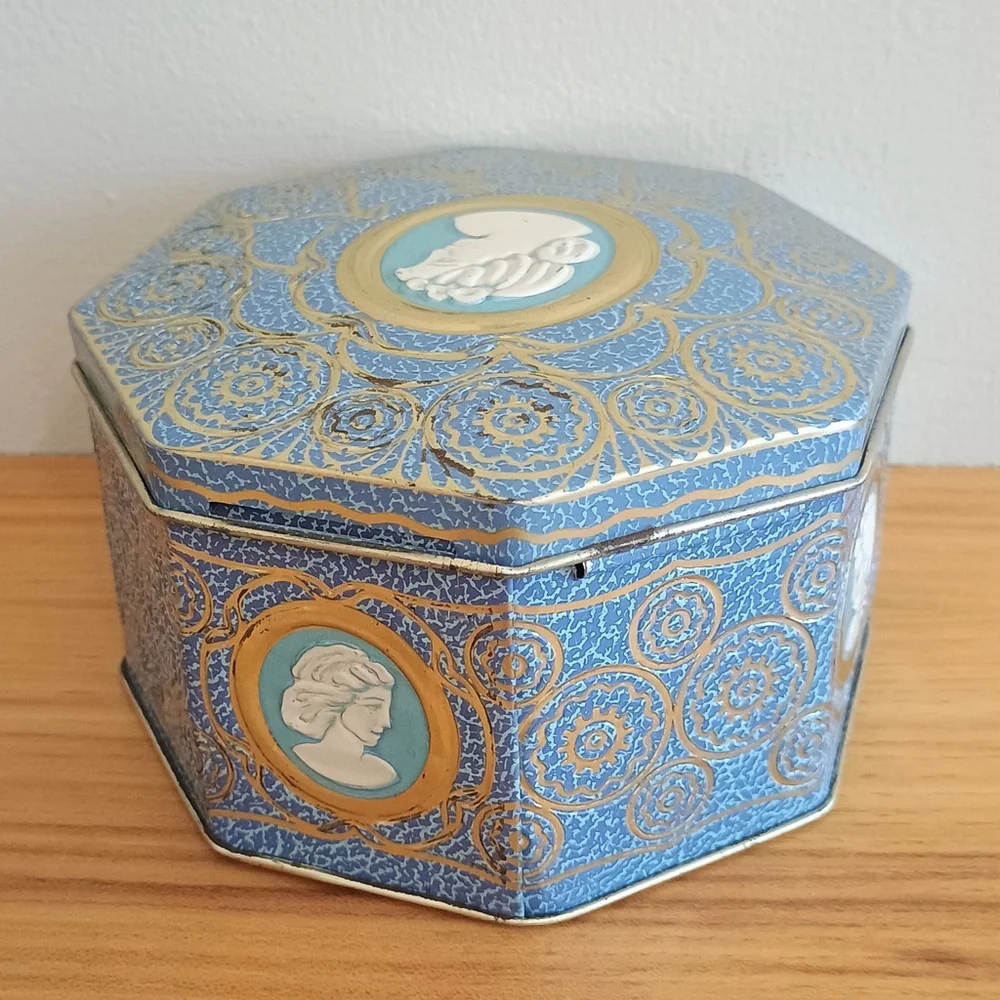 Vintage Octagon Embossed Cameo Drop Candy Tin England Blue White Gold